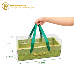 Hộp quà trái cây có quai xách nắp trong họa tiết xanh 35,5x21,5x11cm KPK Packaging